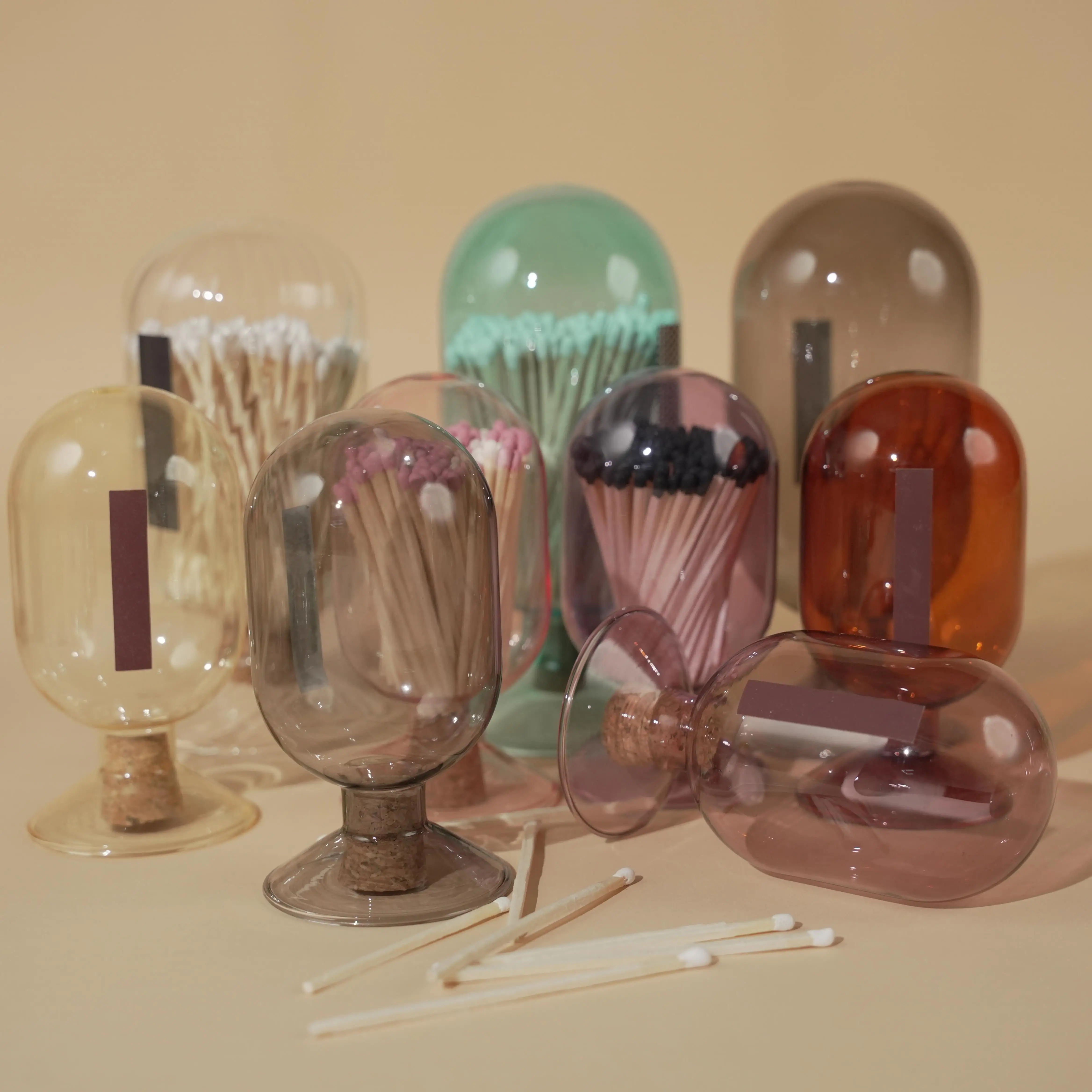 Custom Size & Color Ribbed Glass and Wooden Matches Decorative Match Cloche With Striker Decorative Matches in a Jar