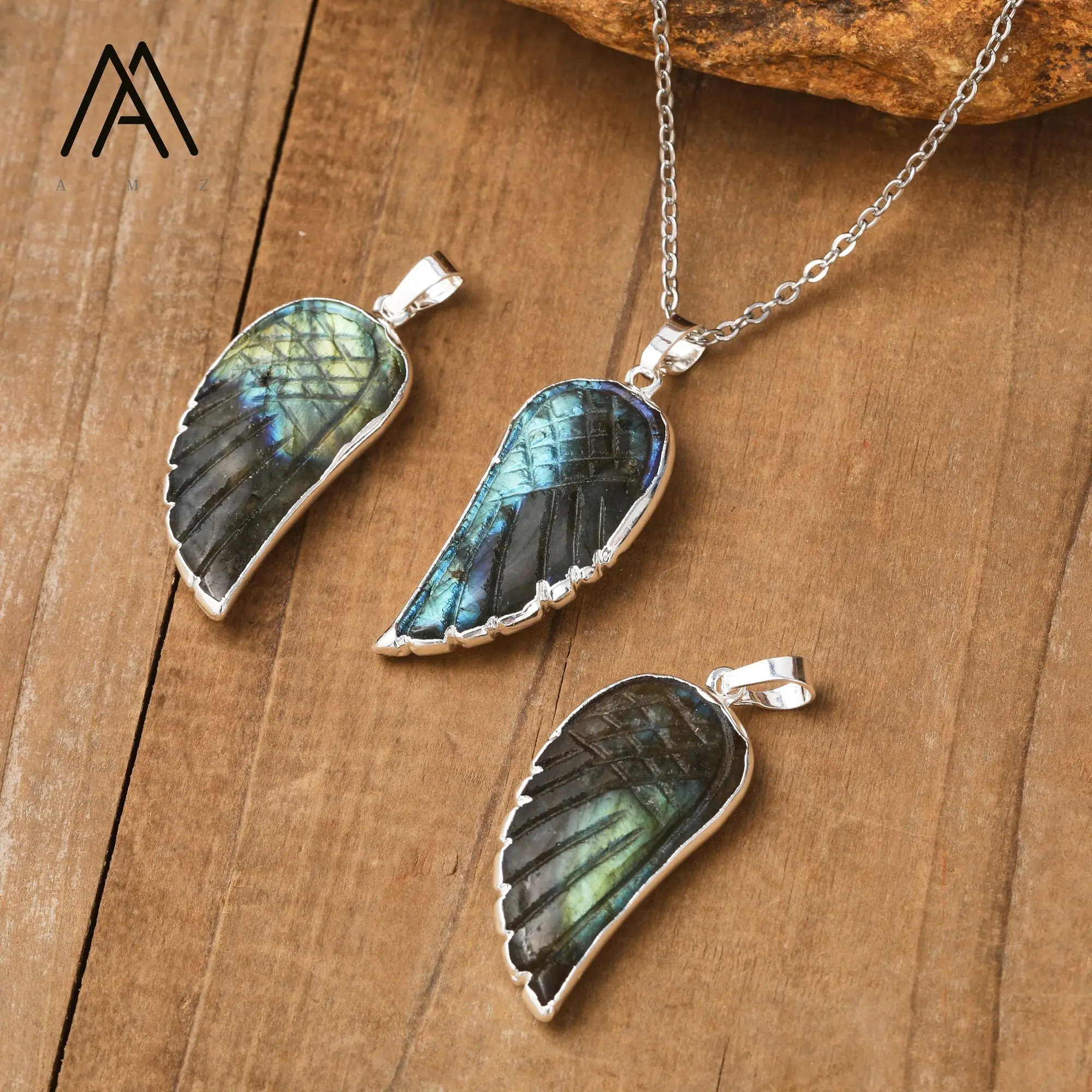 Natural Gemstone Carving Wing Pendant Silver Chain Necklace