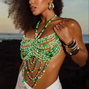 Sexy Body Chain Handmade Beaded Chest Chain Rhinestone Body Chain Top Bra Vest Sling Bare Back Beach and Club Wear