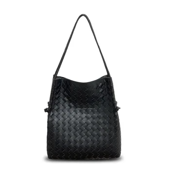2025 Large Capacity Genuine Leather Cross-border Hand-Woven Bucket Bag Casual Women's Portable Underarm Shoulder Bag Mother-Son