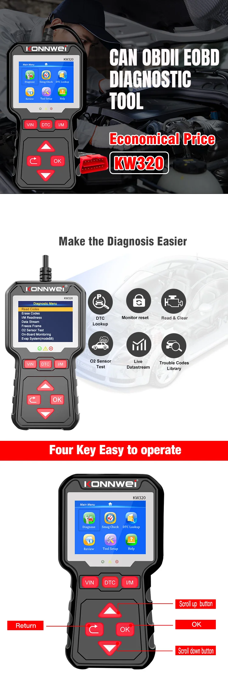Konnwei KW320 CAN OBD2 EOBD Car Scanner Car OBD II Diagnostic Tool
