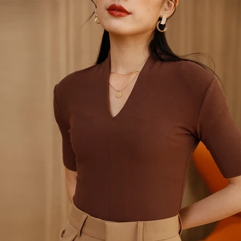 Wholesale New Solid Shirt Breathable Soft V-Neck Draped Blouse Women Wear Casual Style Office Lady Tops XL Knitted Spandex