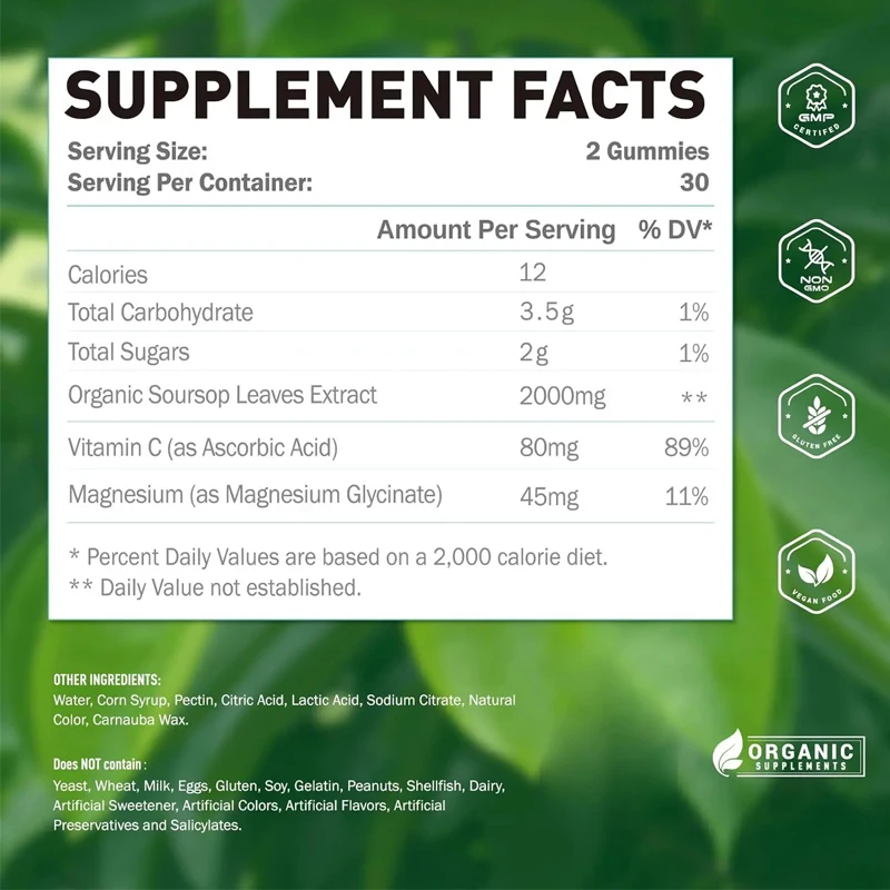 Graviola Soursop Leaves Extract Vitamin C Zinc Supplement Customizable Organic Soursop Graviola Gummies