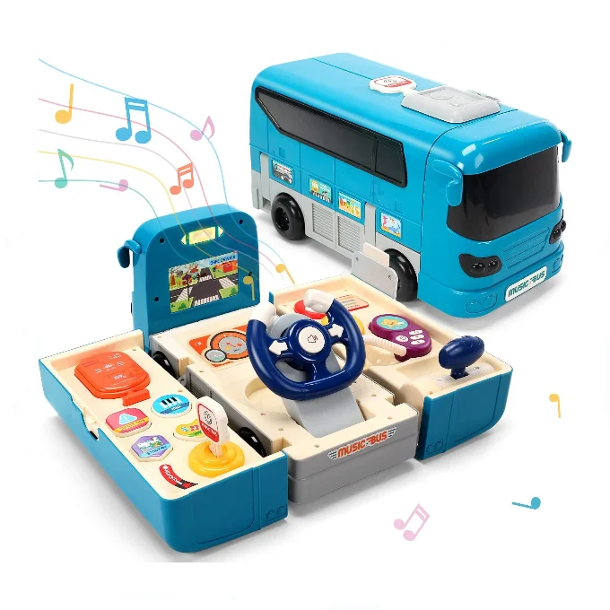 Kids Play Vehicle with Sound and Light Steering Wheel Musical School Bus Toy for Toddler