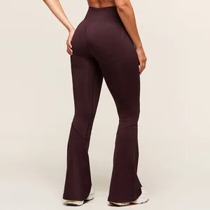 High Waisted Solid Drawstring Flared Legs Breathable Fitness Leggings Knitted Seamless Workout for Women