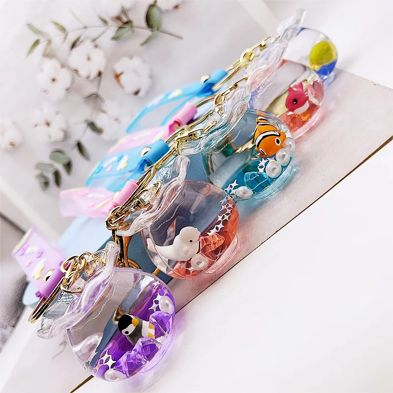 T740 Miniature Ocean Floating Liquid Fish tank 3D Bag Charm Acrylic Transparent Promotional Keychain