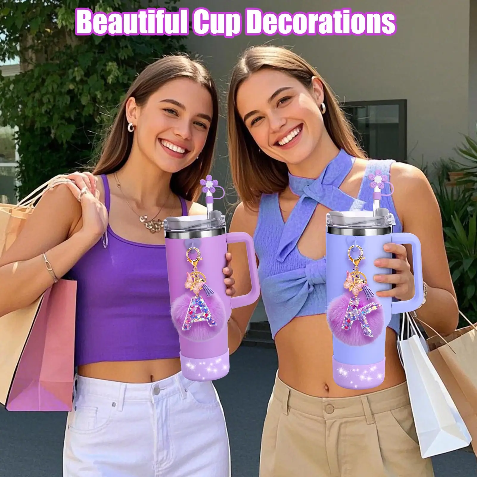 Blue Stanley Cup Accessories Set - Glitter Silicone Boot, Diamond & Bow Straw Covers, Letter Charm & Sticker For 30oz & 40oz Tumblers - View #10