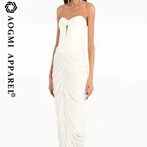 Couture Fashion Ladies Maxi Bodycon Slim Strapless Pleated Satin Luxury Dress with Cartoon Print