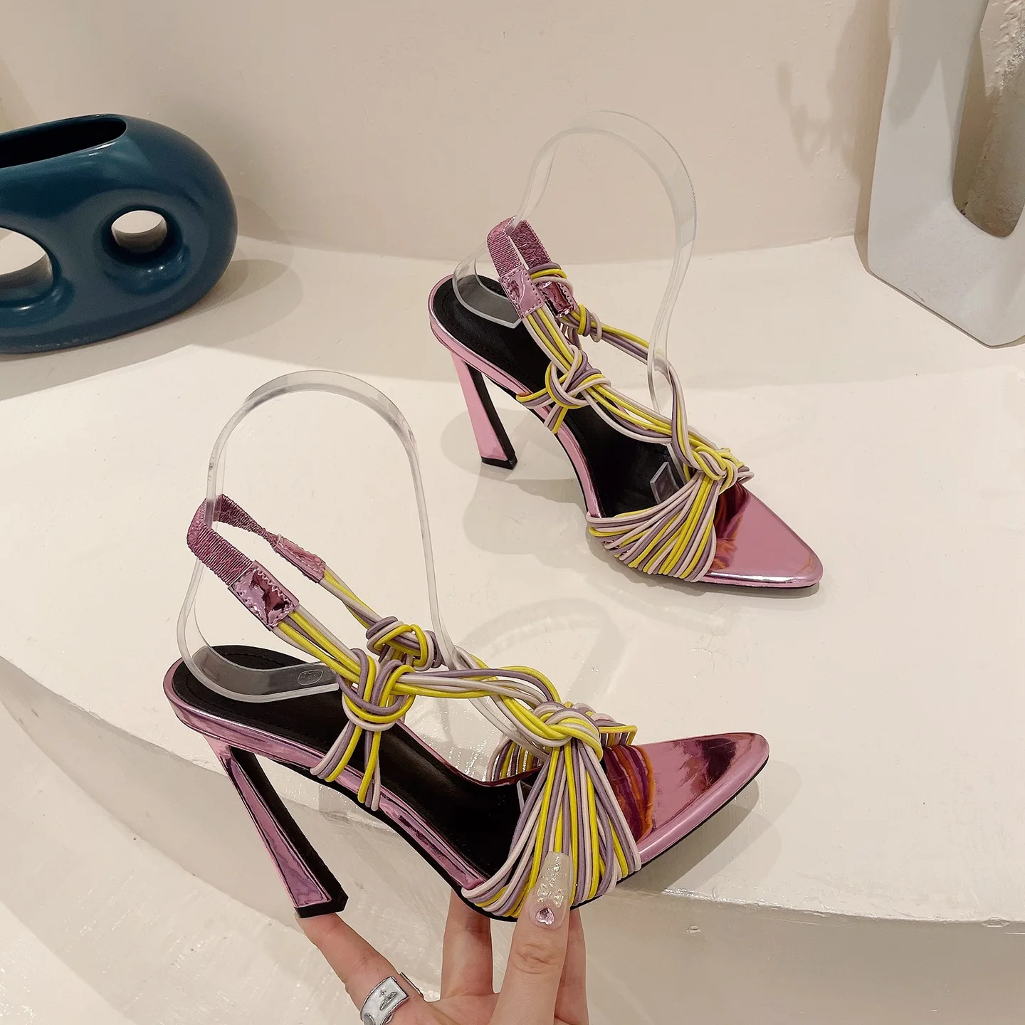 Fashionable Design New Pointed Toe Colorful Elegant Stretch Fabric Branded Special Heel Stiletto Roman Sandals For Women - Image 3