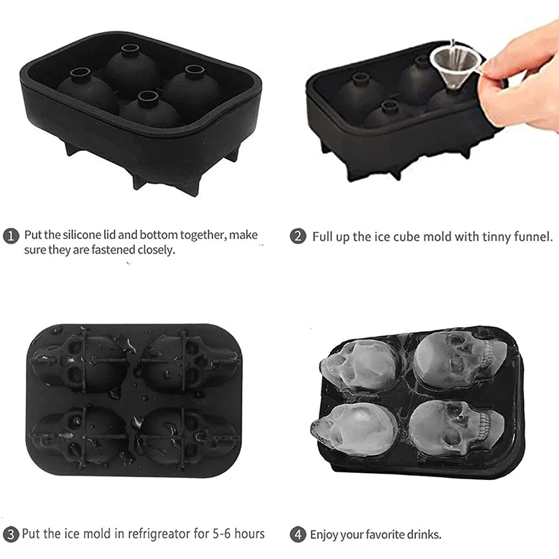 Large 3D Skull Ice Cube Tray With Funnel Silicone 4 Cavity Ice Mould For  Whiskey Wine Cocktail Ice Cube Maker Chocolate Mould - AliExpress