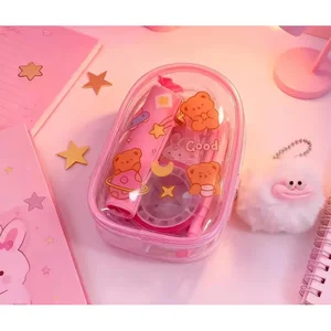 Kawaii Stationery Kit in Clear Backpack Pouch - Bear Design Notebook + Paper Clips, Child-Safe School Supplies for Girls Boys