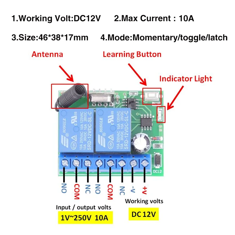 RF 433mhz DC 12V 10A Relay - Smart Wireless Control Switch
