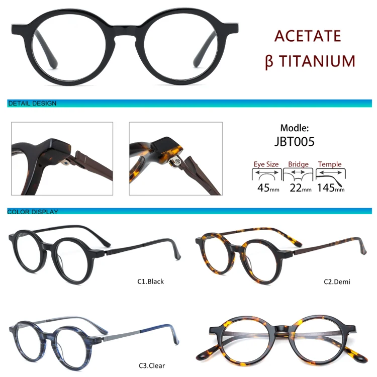 JBT005 Retro Mens Acetate Frame Titanium Temple Hot Sale Customize Small Eyewear Optical Frame Manufacturer Eyeglass Optical