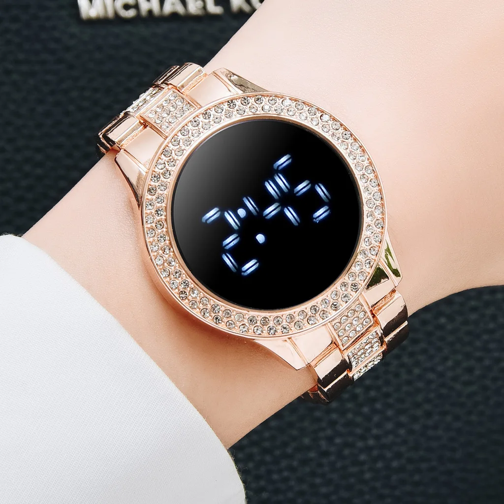 moda elegante oro diamante pantalla táctil mujeres led reloj