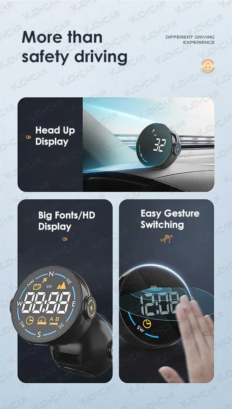 Vjoycar General Hud Car Gps Speedometer Compass Hands Free Round HUD Head Up Display MPH KMH Overspeed Alarm for Energy Vehicles