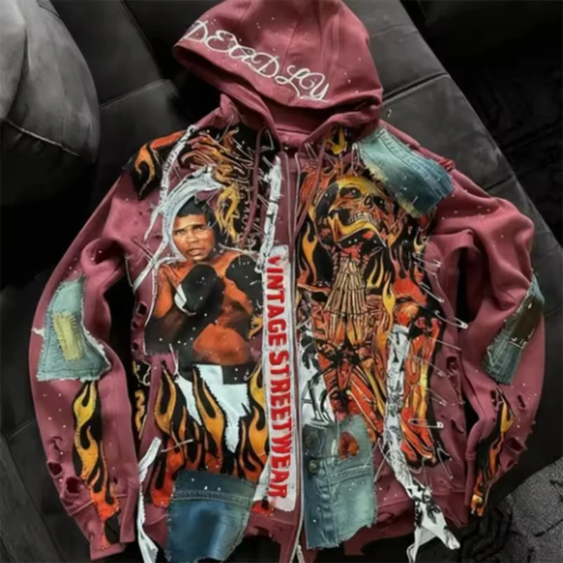 SALATI Custom Graffiti Embroidered Print Graphic Heavyweight 100% Cotton Ripped Distressed Rhinestone Zipper Hoodie Streetwear gallery 5