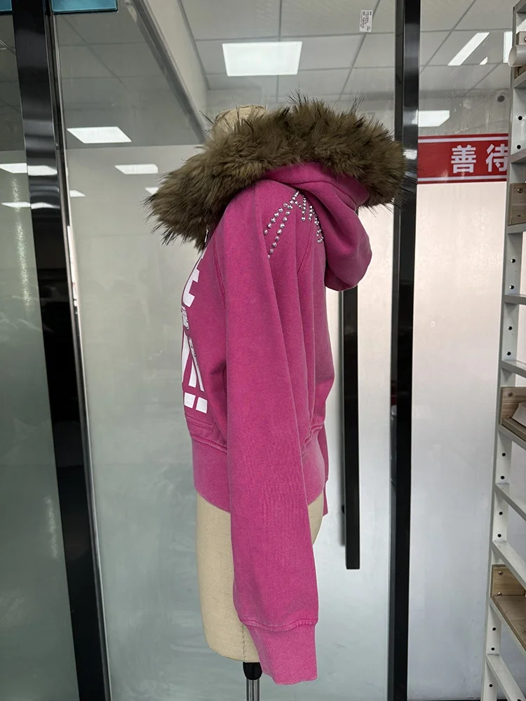 Salati Manufacturer Custom Y2K Woman 300 GSM Faux Fur Pink Screen Print Crystal Zip Distressed Crop Top Rhinestone Hoodie Women gallery 2