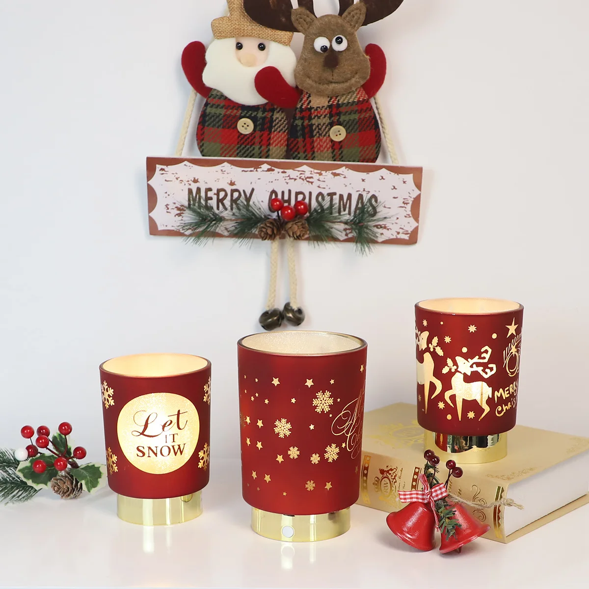 Assorted red glass lamps with snowflake decoration and LED lights table night light for sale