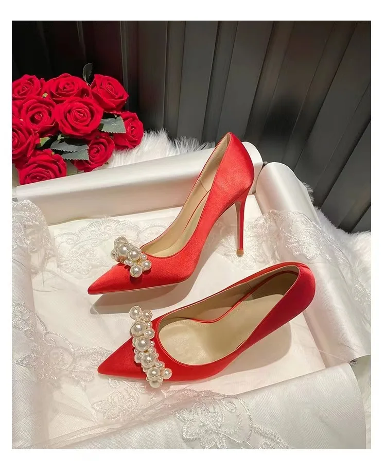 Women Bridal Shoes Pearl Wedding Party Shoes High Heels Satin Pointed Toe Female Stiletto Pumps - Image 4