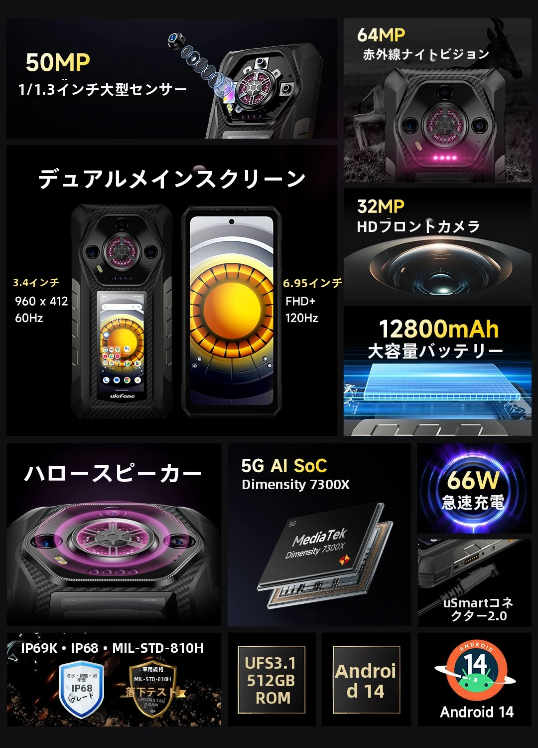 Ulefone Armor 30 Pro頑丈な電話Android 14ナイトビジョン16 + 512GB