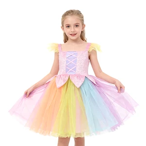 New Design Girls Rainbow Princess Costume Soft Mesh Material for Imaginative Play Children Cosplay Dress