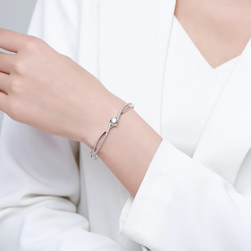 925 Sterling Silver Bangle - Double Layer Cross Heart