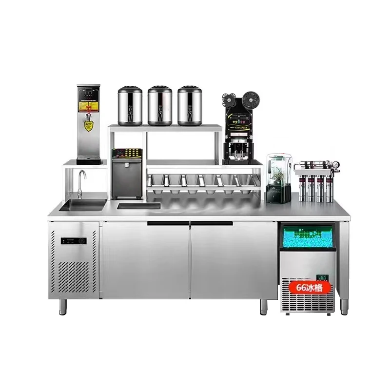 Stainless steel milk tea preparation table with refrigerator and coffee ...