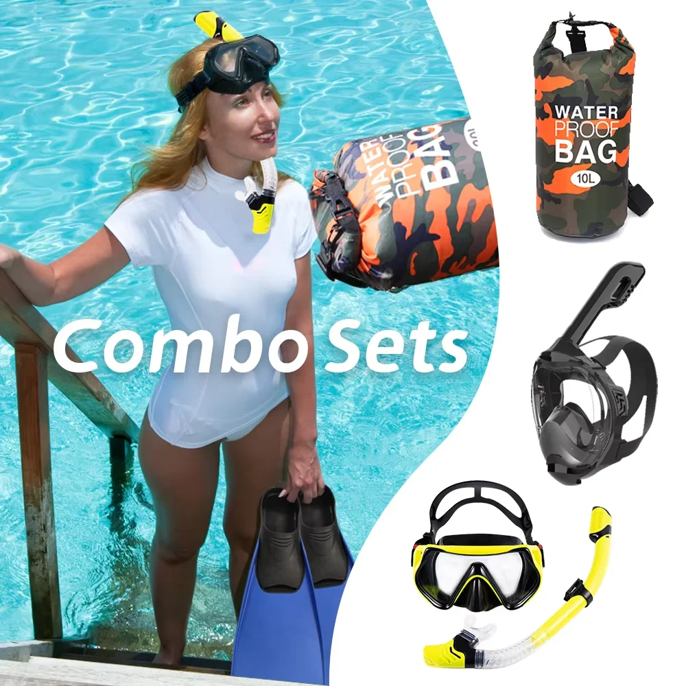 Snorkel Diving Mask Training Fins Flippers Three Piece Set Waterproof Double Lens Tempered Glass Lenses Portable Swimming_desvips.com