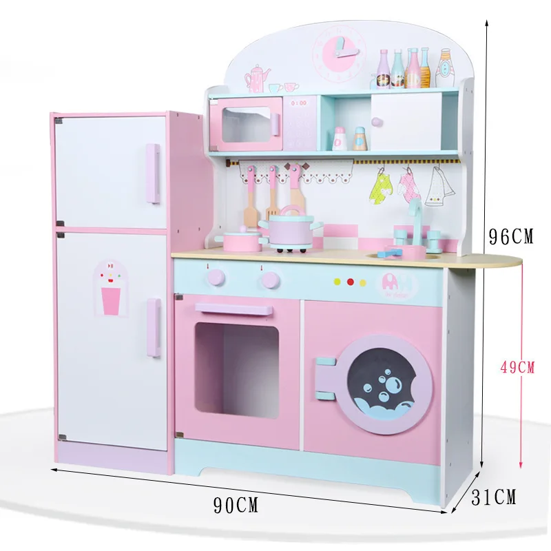 Multi-functional Refrigerator Kitchenware Cooktop Combination Classic Wood Furniture Refrigerator Toys for Kids Boys & Girls