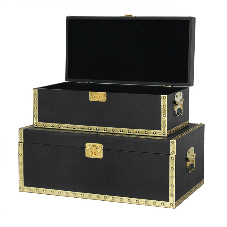 Set of 2 Faux Leather Storage Trunks with Gold Accessories