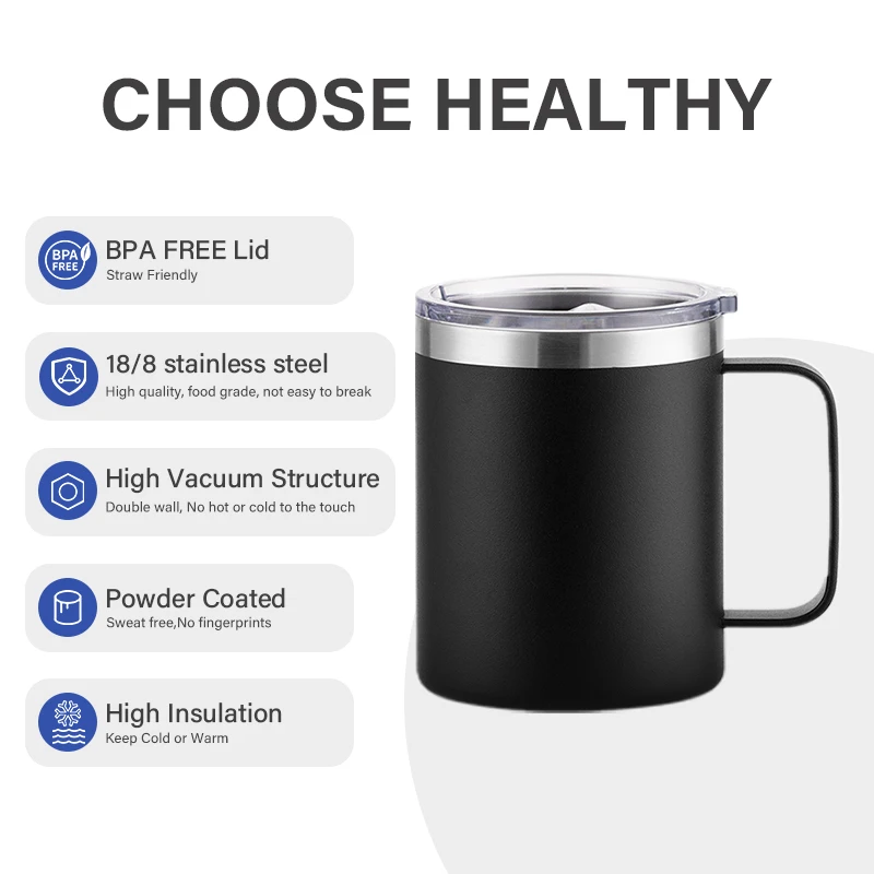 Eco-friendly 12oz cup double wall stainless steel insulated vacuum travel mugs with handle