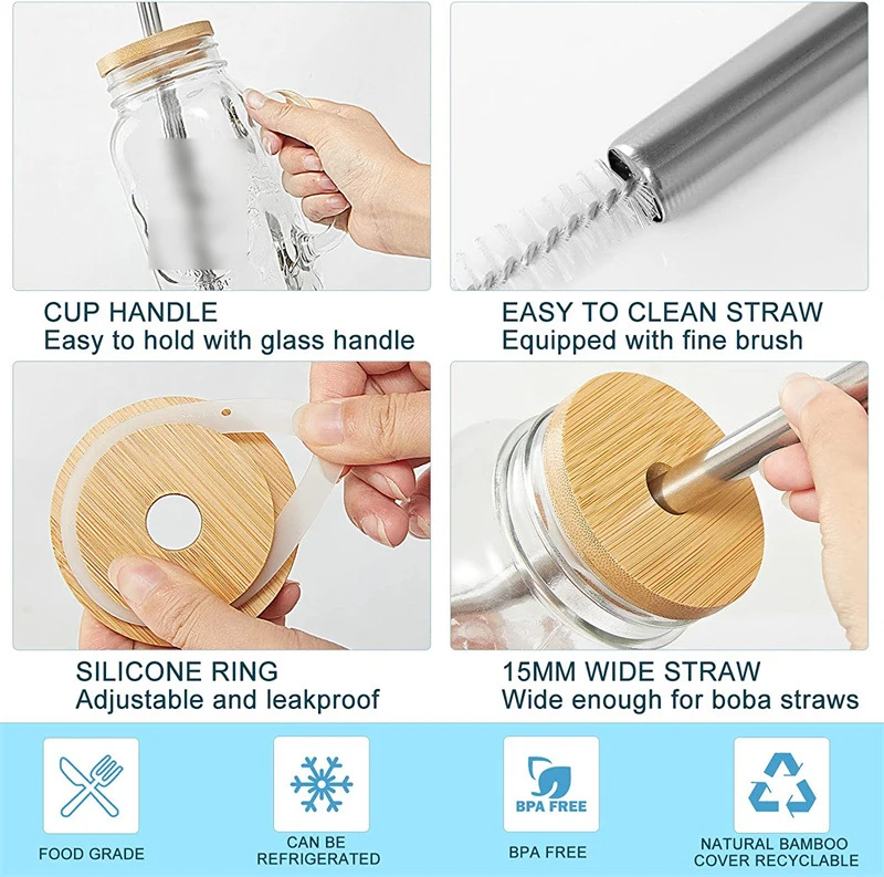 Tazze Vetro Con Coperchio E Cannuccia - 680 Ml, Set Da 4 Con Spazzole, Per Boba Tea E Frullati - Foto 2