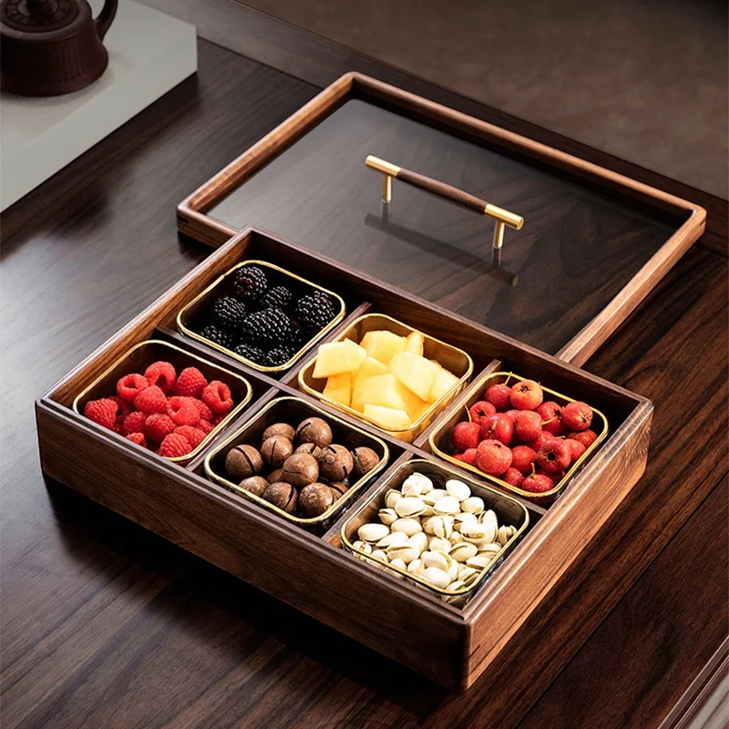 BSCI Factory Custom Chinese Style Nuts Trays With Compartments Walnut Wooden Serving Tray for Snacks