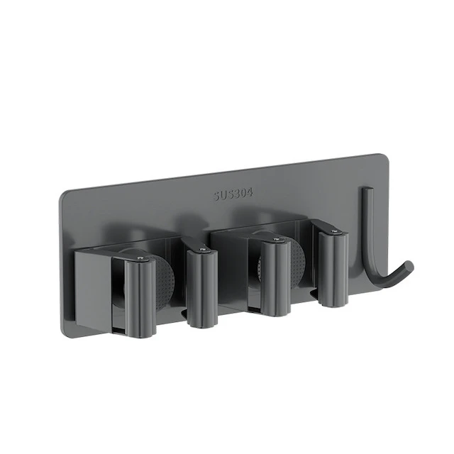 CUSTOM OEM Double Clip Mop Holder Wall Mount Space-Saving Stainless Steel Mop and Broom Holder with Hook Silver