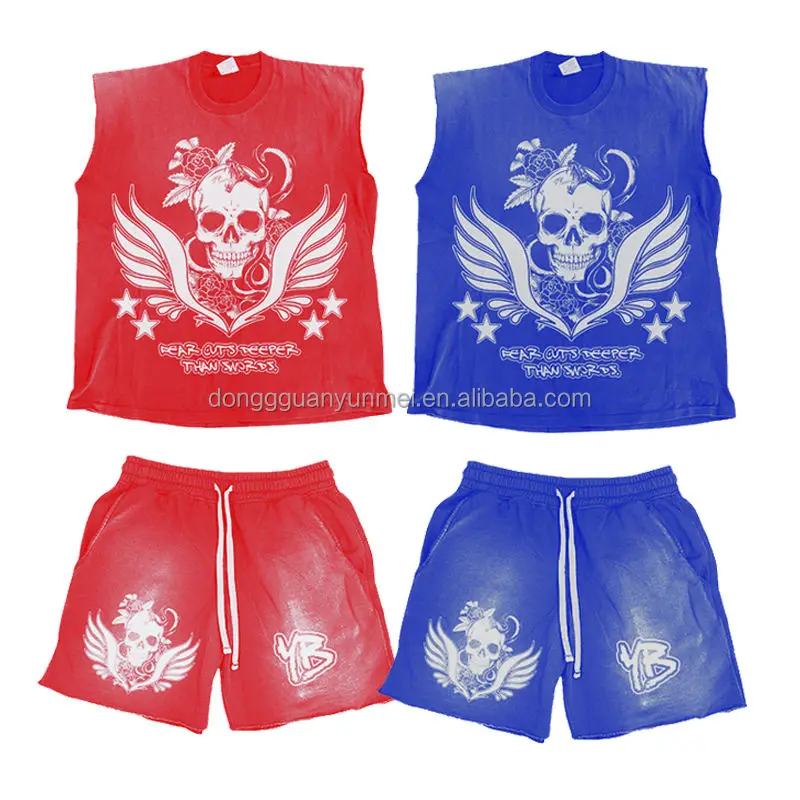 Two Piece Set 2023 Sportswear Tshirt Tank Top Shorts And Shirts Acid Wash Distressed Sleeveless