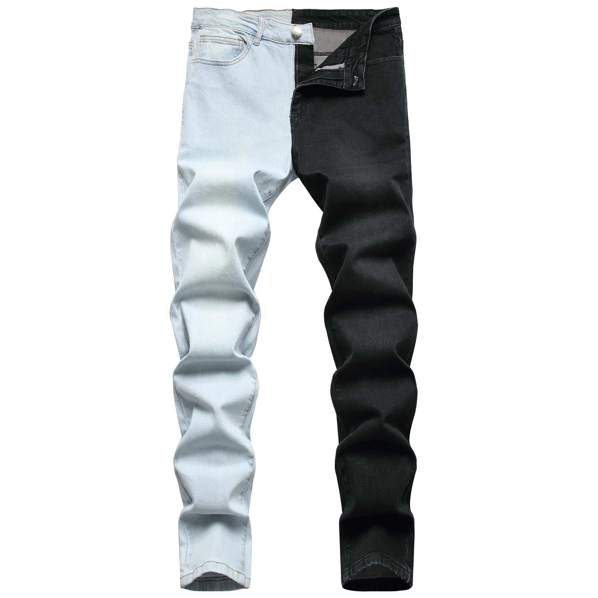 Aangepaste rechte jeans voor heren, grotere maten, informele stijl, denim met kleurstiksel voor jongens, rits, gewassen afwerking