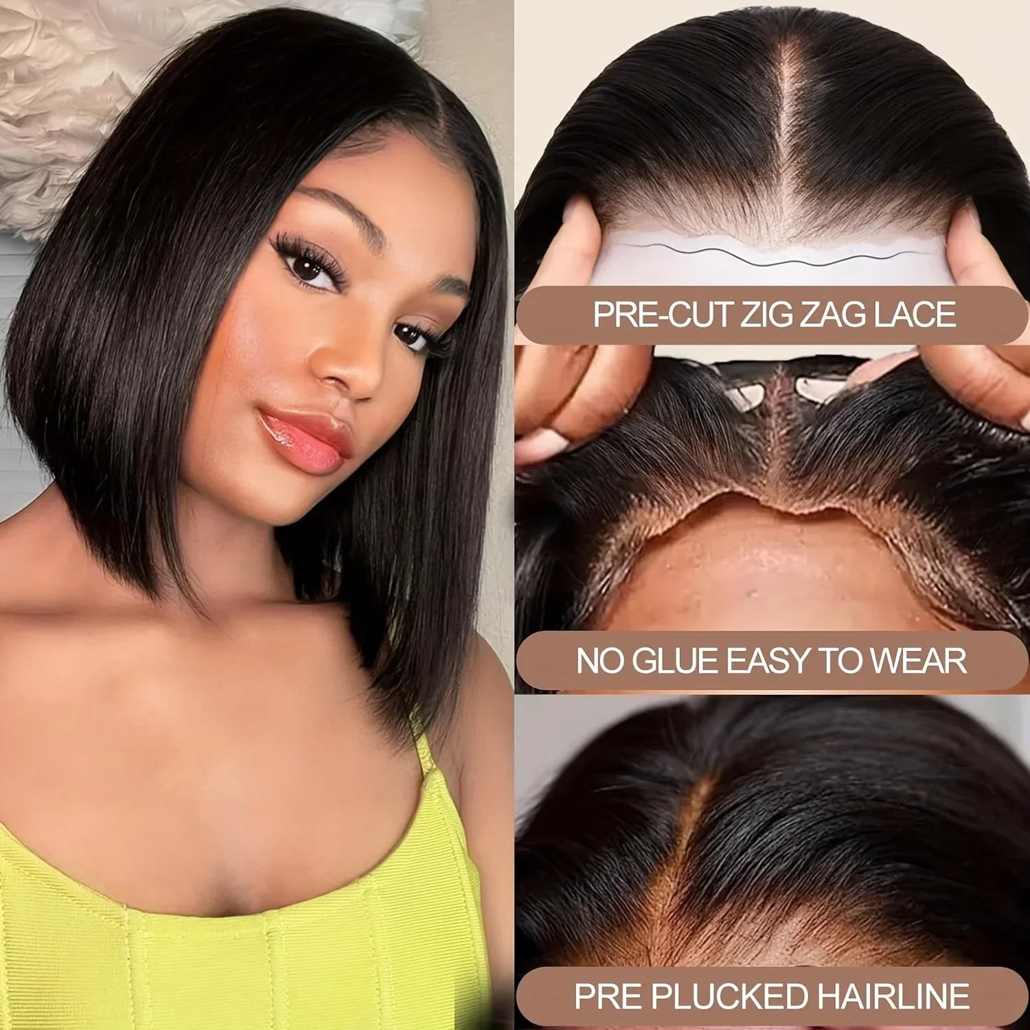 9x6 Lace Closure Wear and Go Glueless Echthaar-Bob-Perücken, vorgezupft, kurz, glatt vorne_voghion.com