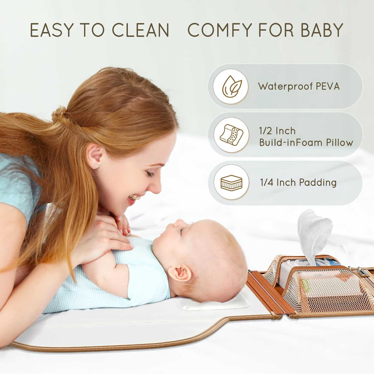 Portable Changing Pad with Shoulder Strap Vegan Leather Diaper Changing Pad with Detachable Travel Changing Pad