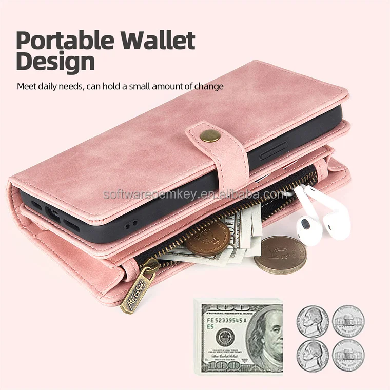Retro Zipper Shockproof Card Slots Wallet Leather Brand Case Magnetic Detachable Back Cover for iPhone 11 12 13 14 15 Pro Max