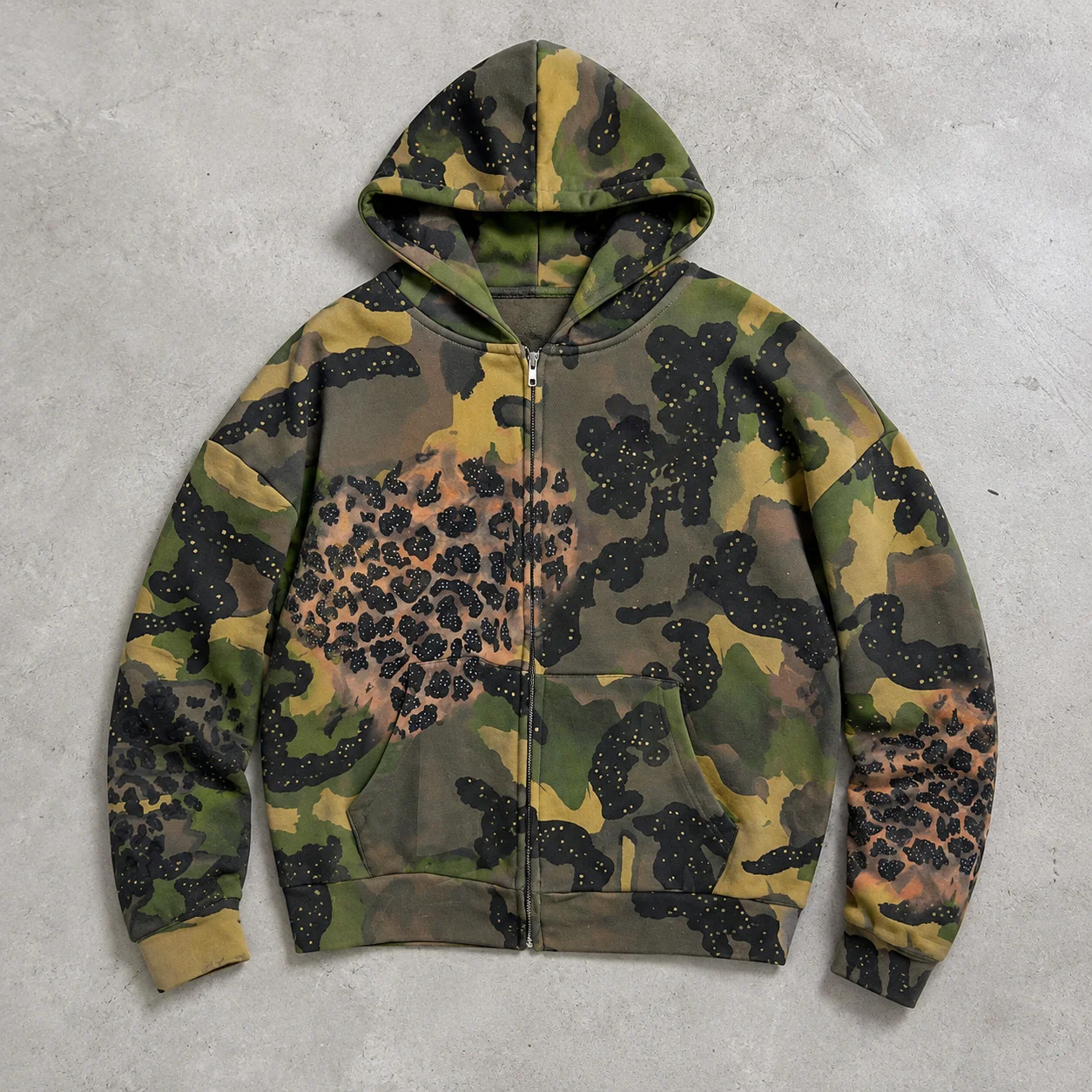 Custom Camo Leopard Print Zip up Hoodie Oversized Heavyweight Cotton Streetwear Boxy Fit Vintage Wash Camouflage Hoodie Men gallery 6