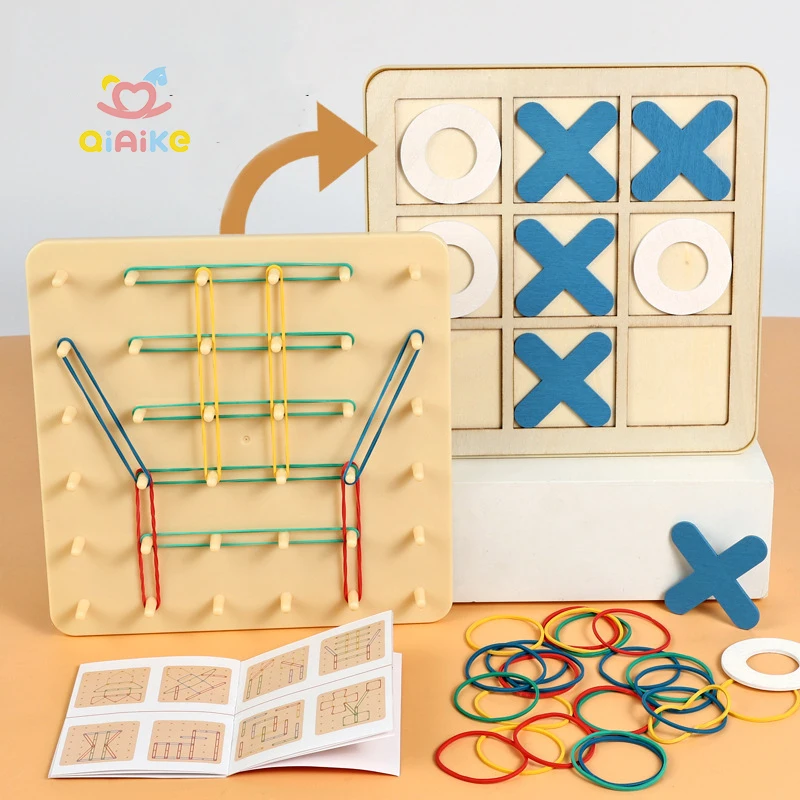 Montessori Toy 2 in 1 Rubber Band Nail Board Tic-Tac-Toe Brain Teaser Puzzle Game Wooden STEM Education Toy for Kids