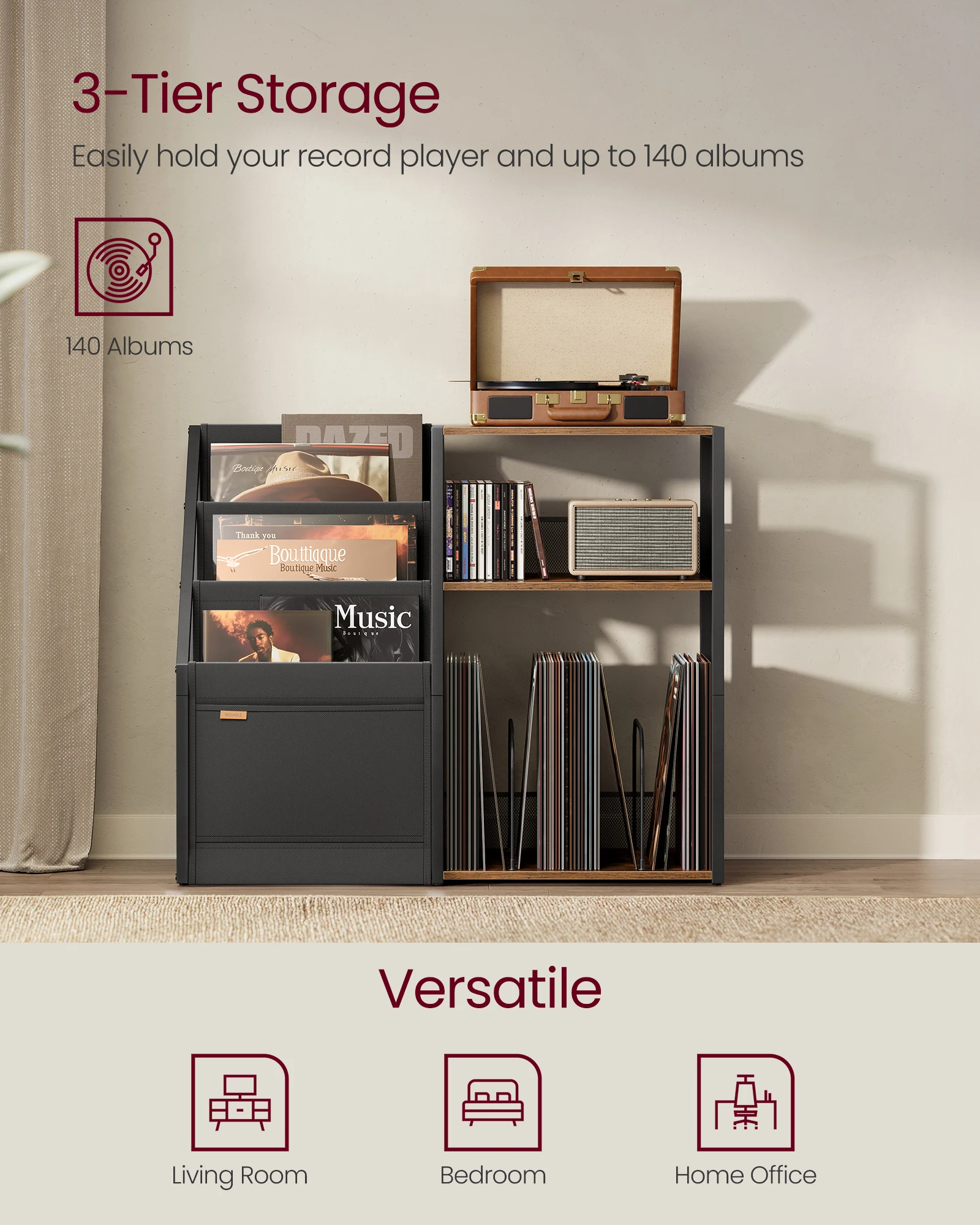 VASAGLE Wood Record Player Stand with Vinyl Record Storage 3-Tier Record Player Stand for 140 Albums