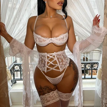 2022 Sexy Women Exotic Transparent Lace Mesh Patchwork Hollow Out Bralette Lingerie Set