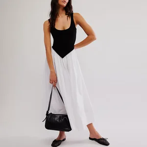 Manufacturer Oem Summer Fashion Women square Neck Sleeveless Dress Custom Color Block Design Casual Ladies Elegant Midi Dress