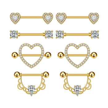 4Pair/Set Stainless Steel 14G Gold Nipple Rings Tongue Ring Piercing Body Jewelry Nipple  Barbell Zircon Heart Rings for Women