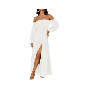 Women's Boho Sexy Maxi Dress Long Sleeve High Waist Side Split Flowy Line Tiered Party Dress Shoulder Smock Made Chiffon Fabric