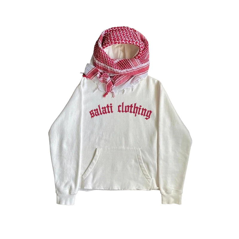 Salati Manufacturing Custom Pullover Raw Hem Heavy Cotton No String Screen Printed Logo Streetwear Unisex Men Hoodies With Scarf gallery 9