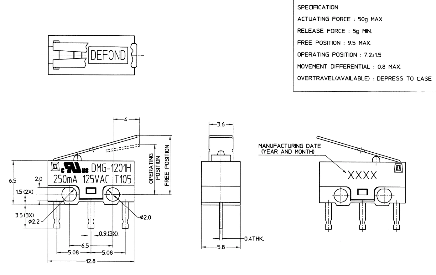 High Temperature Proof Spdt 1.5a 3a T105 Defond Dmg1201hcaaaa1101r