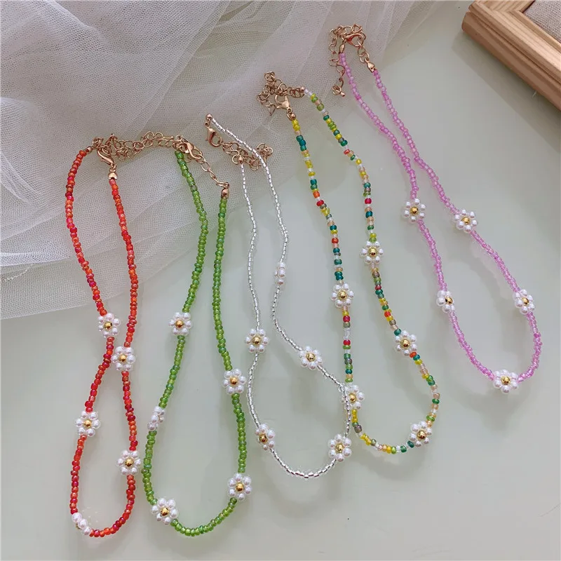 Women Beaded Necklace Daisy Acrylic Flower Boho Clavicle Korean Colorful  Jewelry