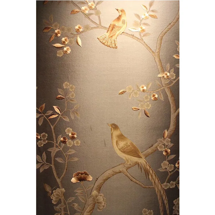 金箔手描き花と鳥の絵中国風壁画手描き壁紙 Buy 中国の手描きの壁紙 花の絵のカスタム壁紙 シルバーメタリック壁紙 Product On Alibaba Com